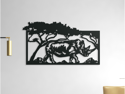 Drevený obraz Nosorožec v savane (Farba obrazu Sivá, Rozmer obrazu 17,5 x 31,5 cm)