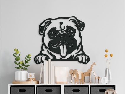 Drevená nálepka na stenu Mops (Farba obrazu Sivá, Rozmer obrazu 27,5 x 31,5 cm)