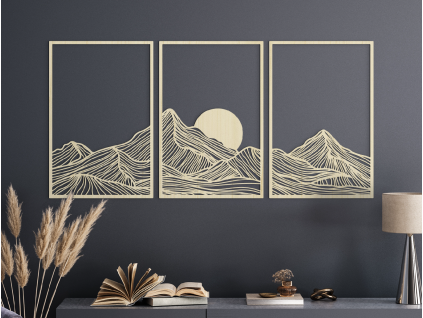 Viacdielny obraz Minimalistické hory pri západe slnka (Farba obrazu Sivá, Rozmer obrazu 45,5 x 93,5 cm)