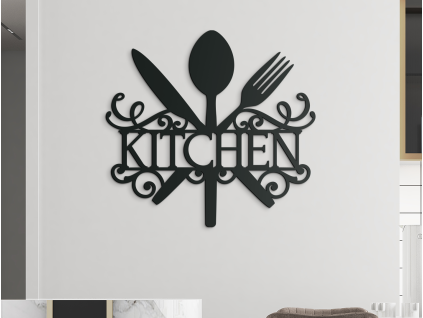 AKCIA - Drevený nápis Kitchen s príborom a zdobením, Biela