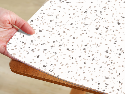 Mäkké sklo Biely terrazzo vzor - PVC fólia na stôl (na mieru) (Tvar stola Zaoblené rohy)